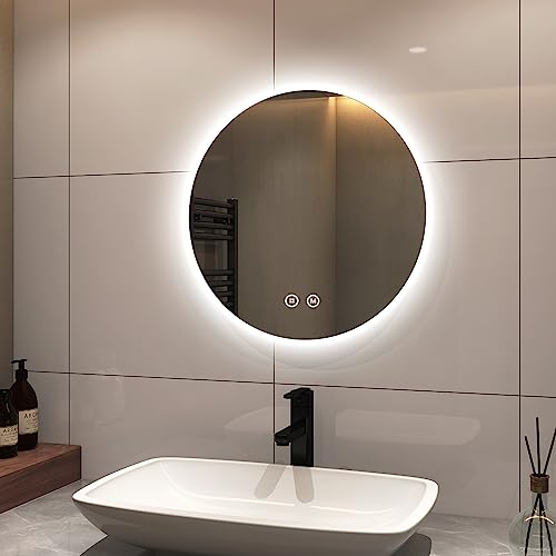 S'AFIELINA Badspiegel mit Beleuchtung Rund 50cm LED Badspiegel mit Touchschalter Badezimmerspiegel Rund 3 Lichtfarbe Warmweiß Neutral Kaltweiß Lichtspiegel, Dimmbar