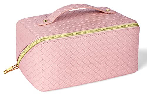Aucuu Reise Kosmetiktasche, PU Leder Tragbar Reise Make-up Tasche mit Großer Kapazität Wasserdichter, Portable Schminktasche Kulturbeutel-Organizer für Toilettenartikel #9 Rosa Geflochtene Textur