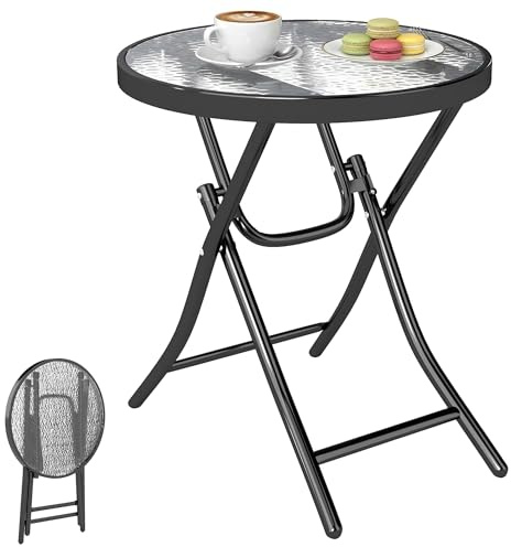 Outsunny Foldable Garden Table with Glass Tabletop Safety Buckle Black