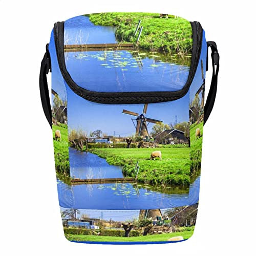 Lonchera reutilizable con molino de viento holandés con corderos, lonchera vertical grande con correa ajustable para el hombro