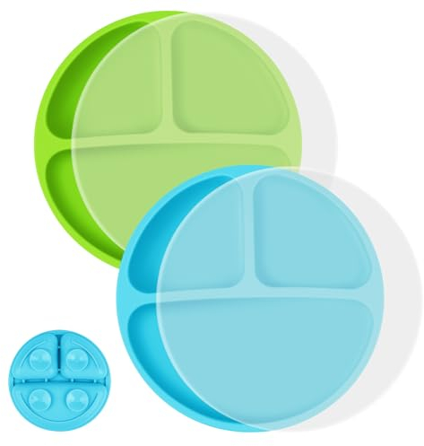 Vicloon Assiettes Pour Bébé, 2Pcs Assiette bébé en Silicone, Assiettes à ventouse sans BPA avec Couvercles Pour Bébés et tout-petits, Fonction de Plaque D'aspiration