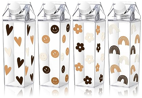 Whaline 4 Pack Boho Milk Carton Water Bottle Boho Rainbow Flower Clear Plastic Milk Bottles 17oz Leakproof Square Juice Bottle Boho Drinking Containers for Outdoor Activities Sports Travel Camping