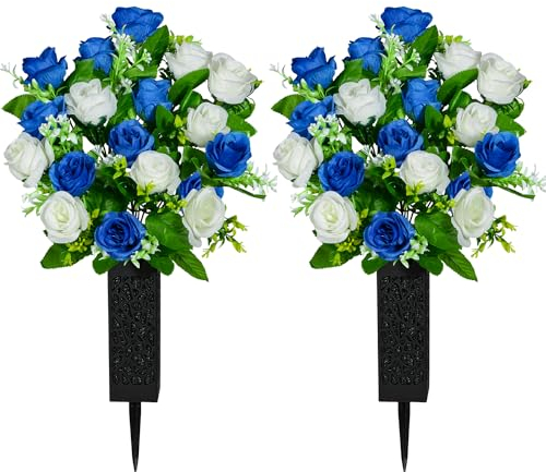 SIFOEL 2 pezzi fiori artificiali del cimitero con il vaso, fiori artificiali della tomba della rosa per la decorazione della lapide del cimitero (Dark Blue & White)