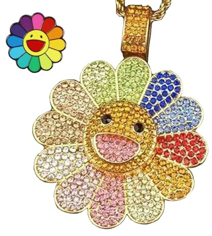 RMYSUM Halskette mit Sonnenblumen Motiv,buntes Blütenblatt, Smiley Gesicht, Takashi Murakami, inspirierende Abzeichen Brosche (drehend, 2er-Set)