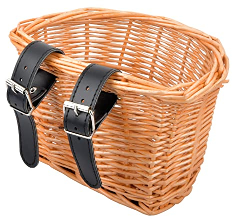 Fahrradkorb Vorne Rattan, Korb Geflochten Kinderrad, Korb für Fahrrad Vorne 19,5 x 14 x 13,5 cm, Rustikaler Fahrradkorb mit Schwarz Lederschnallen für Kinderfahrrad Straßenfahrrad