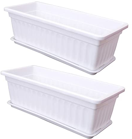 Milisten 2 Pièces Pot De Fleur Rectangulaire Jardinières avec Plateau Jardinière Suspendue Rectangulaire avec Plateau Longue Boîte La Fenêtre Grilles De Fenêtre Plastique Extérieur Blanche