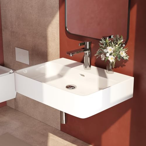 EMKE Waschbecken Keramik Eckiges Design Handwaschbecken Hängewaschbecken mit dünnem Rand Waschtisch Für Badezimmer Gäste-WC (595x435x125mm, Weiß)