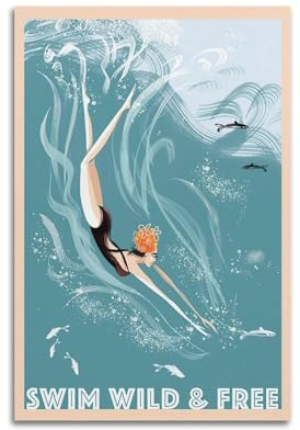 qiyan Poster im Vintage-Stil, Motiv: Fisch und Mädchen, dekoratives Gemälde, Leinwand, Wandposter und Kunstdruck, modernes Familienschlafzimmer, Dekoration, Poster, 30 x 45 cm
