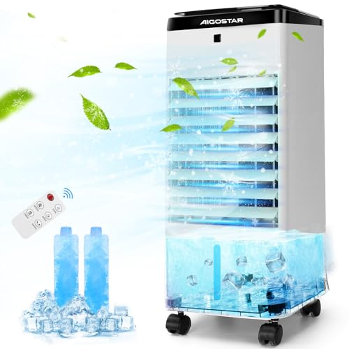 Aigostar Refroidisseur d'air, Climatiseur Portable, 3 Mode 3 Vitesses. Minuterie. Réservoir Visible de 3.5L, Télécommande - Olaf