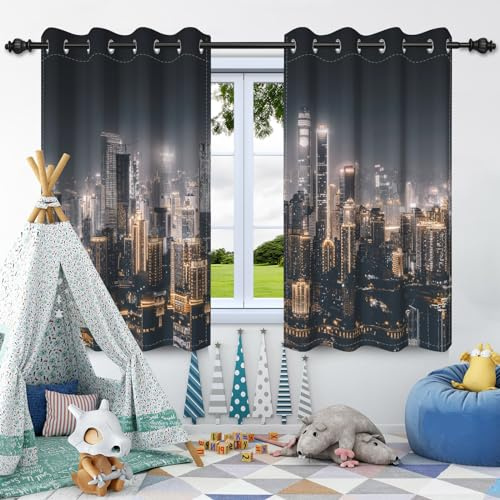SDOTPMT 117x138cm Moderne Fenster Vorhang New York Skyline Wolkenkratzer bei Nacht Amerikanisches Stadtleben Bild Fenster Behandlungen für Schlafzimmer Fenster Vorhänge, 7 Panels