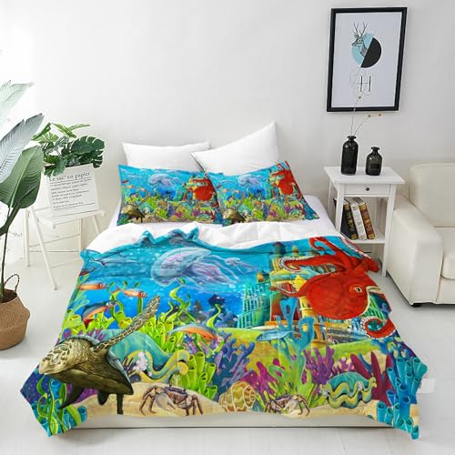 ANHOPE Ozean Schloss Oktopus Bettwäsche Set 2 Teilig Weich Bettbezug 100x135 cm & Kissenbezug 40x60 cm Microfaser Bettbezüge Set mit Reißverschluss Bettdeckenbezug für Kinder Jungen Mädchen
