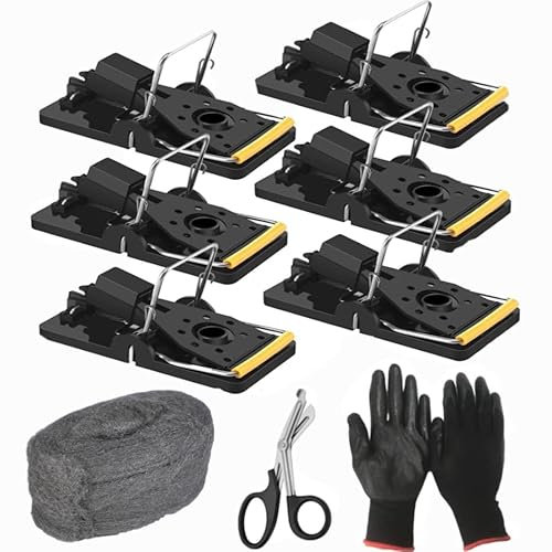 6 Mouse Traps with Bonus Steel Wool, Scissors and Gloves. Indoor & Outdoor Use, Quick Kill, Sensitive Rodent Catcher, Pest Control Prevention, Washable. UK Seller Mamax