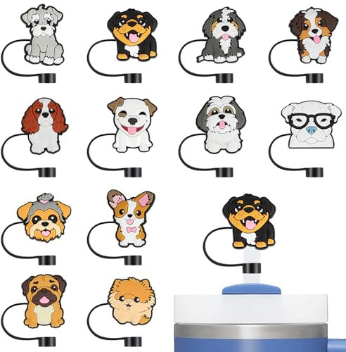 Stanley Straw Cover, 12PCS Silicone Dog Straw Toppers, Cute Drinking Caps 10mm Compatible with Stanley Cup 30 40 oz, Tumbler Accessories Decoration Gifts (Dog A)