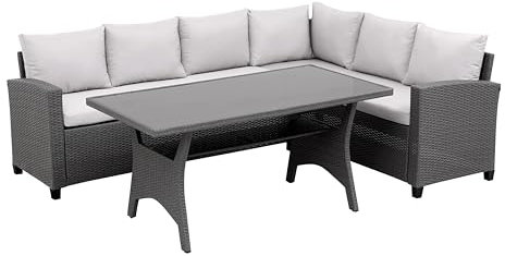 MMT L Shaped Rattan Garden Furniture Dining Set, Outdoor Patio Furniture for Backyard, Corner Garden Dining Table with Sofa Seating Up to 6, 2.36m x 1.79m