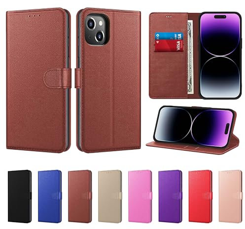 New Horrizon Luxury Case for iPhone 15 Leather Phone Case Cover,[Life time Support], PU Faux Leather Wallet Book Folio Flip Magnetic Shockproof Case with Card Slots (Brown, For iPhone 15)