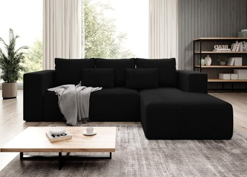 Easy4You Ecksofa Schwarz Stripes L-Form in Kord – 255 cm - Schlafsofa mit Bettzeugbehälter und Schlaffunktion - Eckcouch mit Stauraum - Rechts – Stoff Kord POSO 135