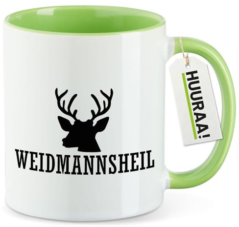 Huuraa Kaffeetasse Weidmannsheil Hirsch Jägergruß Geschenk | Motivtasse 330ml Grün Keramik Tasse mit Spruch Kaffeebecher Geschenkidee Becher mit Motiv