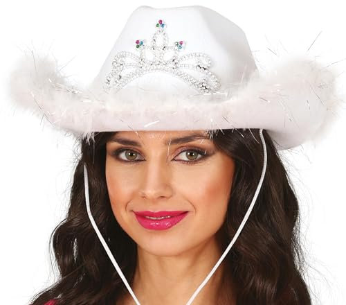 FIESTAS GUIRCA | Weißer Cowboyhut mit Boa (Einheitsgröße) - Cowboyhut für Junggesellenabschiede, Themenpartys und Feiern - Kostümzubehör für Frauen - Weiß