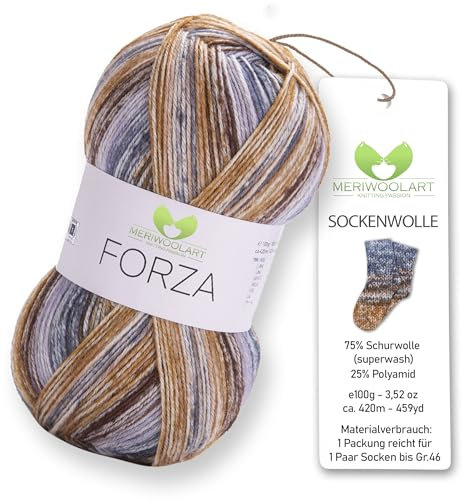 MeriWoolArt® Sockenwolle 4-fädig – 100g Merino Wolle Garn zum Stricken & Häkeln, 75% Schurwolle (superwash), 25% Polyamid, 420m – Ideal für Socken für Herren und Damen, Pullover & Cardigans 2605