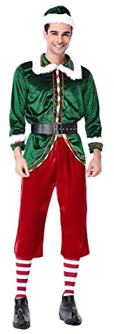 Qianderer Weihnachtselfenkostüm-Set für Erwachsene, Deluxe-Weihnachtsmann-Anzug, Samt, Weihnachtsmann-Helfer, Cosplay-Sets, für Männer und Frauen, Weihnachtself-Outfit für Urlaubsparty