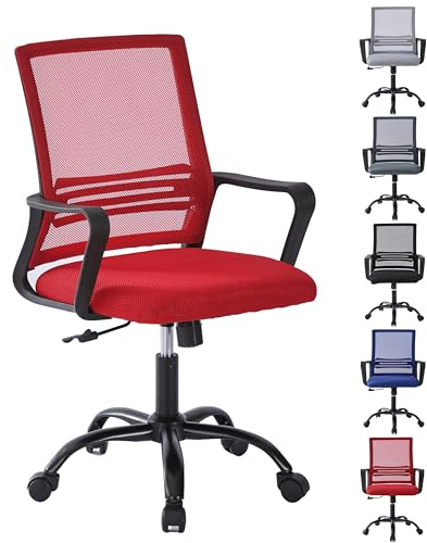 mcc direct Verstellbarer Bürostuhl, ergonomischer Netz-Drehstuhl mit gepolstertem Sitzkissen, höhenverstellbarer Computerstuhl mit Lendenwirbelstütze und Drehschaukel für Zuhause, Büro - MESH (Rot)