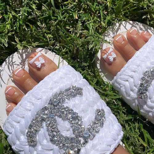 French False Toenails - 24pcs Fake Toe Nails Square - White French Tip False Nails With Bow Design - Reusable Press On Toe Nails - Full Cover Comfortable Stick On Toenails For Women Nail DIY