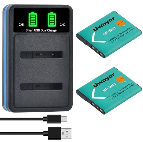 Uwayor NP-BN1 - Batteria e caricatore USB LCD per Sony Cyber-Shot DSC-W800, DSC-WX220, DSC-W830, DSC-W810, Sony DSC-QX30, DSC-QX100, DSC-QX10, 2 pezzi