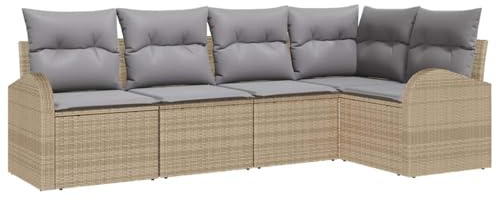 vidaXL Garten-Sofa-Set mit Kissen 5 pcs Beige und Hellgrau Poly Rattan, Garten und Terrasse, modernes Lounge-Set, strapazierfähige rechteckige Sectional, verstellbare Füße, UV-beständig