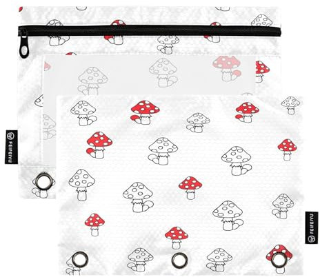 Astuccio per matite con motivo a fungo per raccoglitori a 3 anelli con cerniera, confezione da 2 astucci con finestra trasparente, astuccio per cosmetici per ufficio e università, Multicolore, Taglia