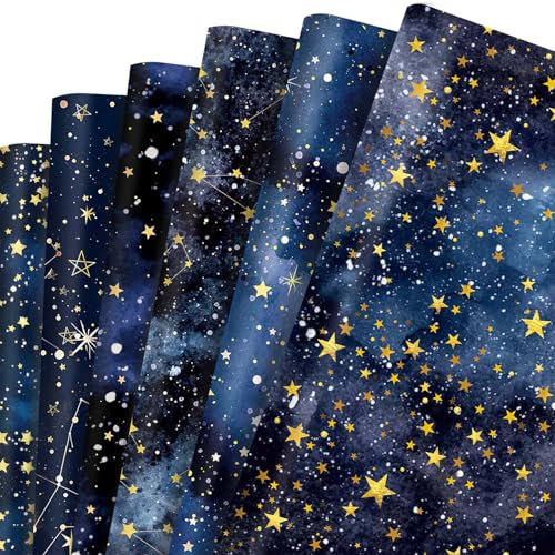 6 Sheets Gift Wrapping Paper, Star Wrapping Paper Roll, Blue Gold Night Starry Sky Gift Wrap for Christmas Birthday Party Baby Shower Anniversary Wedding, 50x70cm