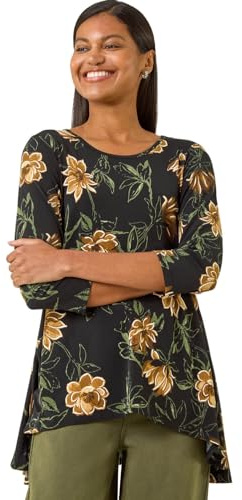 Roman Originals Hanky Hem Tunic Top for Women UK - Ladies Longline Blouse Asymmetric Hemline Casual Slouch Loose 3/4 Sleeves Round Neck Relaxed Comfortable Holiday - Yellow Noir - Size 10