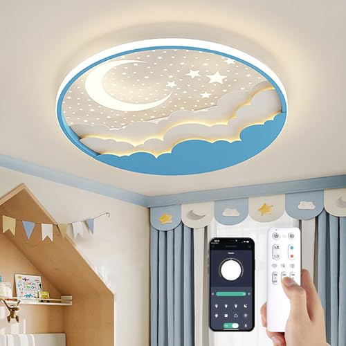YZBEIMDAI LED Kinder Deckenlampe, 40cm Dimmbar Stern Mond Deckenleuchte Für Kinder mit Fernbedienung＆APP, mit Nachtlichtfunktion,Timer, Junge Mädchen Schlafzimmer,Blau