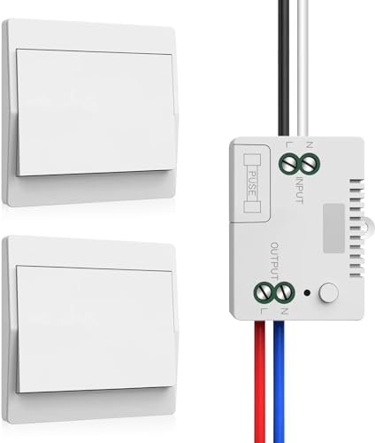 Quevati 230V Funk Lichtschalter Set,Selbstversorgender Funkschalter Ohne Batterie Drahtloser Schalter Wasserdicht Wandschalter Steuern Sie Ihre Lampe bis zu 200 m fern (1 Empfänger+2 Schalttafel)