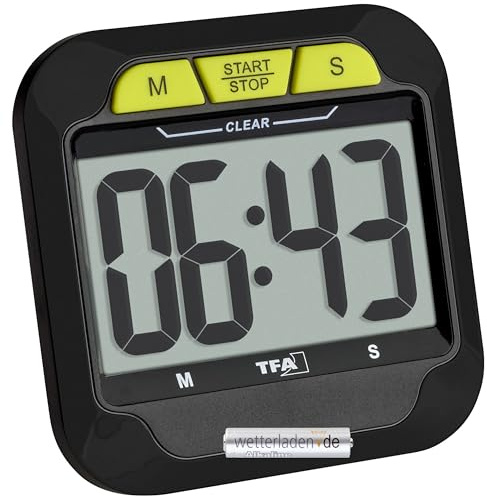 TFA Dostmann Digitaler Kurzzeitwecker & Stoppuhr 38.2054.01 – 99-Minuten Timer mit Magnet, Tisch- & Wandmontage, Alarm,– Ideal für Küche, Schule, Sport & Büro (Schwarz mit Batterie)