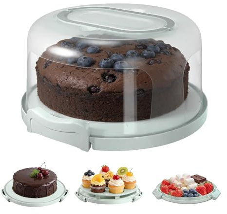 Plastic Cake Box with Lid, Portable Round Cake Container for 10 Inch Cake | Plastic Cake Containers with Collapsible Handle, Lid and Two Sided Base for Cookies, Nuts, Portable Cake Storage and Fruit