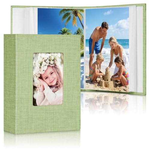 Ainiv Fotoalbum klein Einsteckalbum, 10x15 cm Fotoalben Klein für 100 Fotos | Leinenbindung, Mini Fotoalbum mit Fenster für Familie, Baby, Hochzeiten, Reisen (Hellgrün)