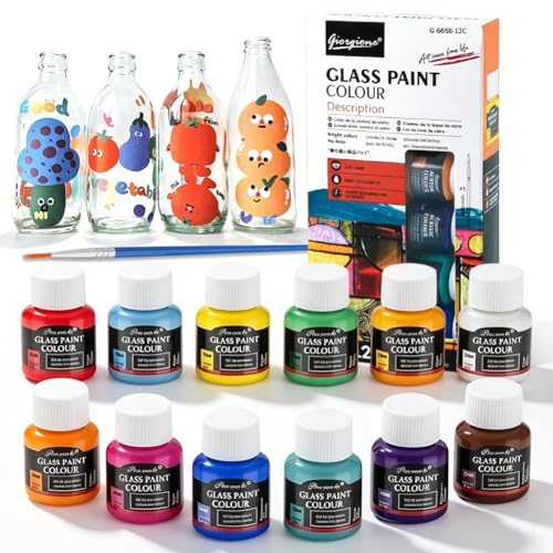 Glasfarben Set 12x25ml Glasmalfarbe, Porzellanfarbe Spülmaschinenfest und Keramik Bemalen Kit Wasserfestes Weingläser Bemalen Set mit Pinseln UV-Schutz & Hochpigmentiert für Mehrere glas Oberfläche