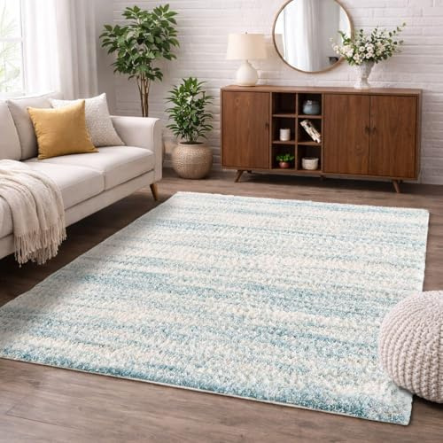 carpet city Hochflor Teppich Shaggy Creme, Blau 80x300 cm - Meliertes Muster - Teppich-Läufer flauschig weich - moderner Flur- & Wohnzimmerteppich