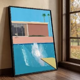 CAOXTART Ölgemälde im Stil von David Hockney, Pool-Poster-Druck, Wandkunst im Mid-Century-Modern-Stil für Wohnzimmer, Heimdekoration (40 x 60 cm/Innenrahmen)