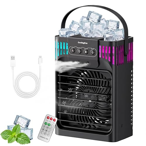 Aire acondicionado móvil 4 en 1 con mando a distancia/3 velocidades/3 modos de niebla/depósito de agua de 1200 ml/temporizador de 2 a 8 horas/luz nocturna, mini aire acondicionado para habitaciones