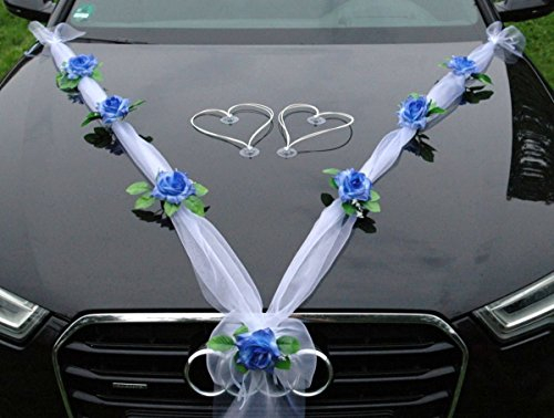 Organza M + Herzen Braut Paar Rose Deko Dekoration Autoschmuck Hochzeit Car Auto Wedding Deko Ratan Girlande ®Auto-schmuck PKW (Hellblau/Weiß/Weiß)