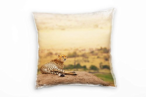 Paul Sinus Art Tiere, liegender Gepard, Savanne, Afrika, orange Deko Kissen 40x40cm für Couch Sofa Lounge Zierkissen - Dekoration zum Wohlfühlen