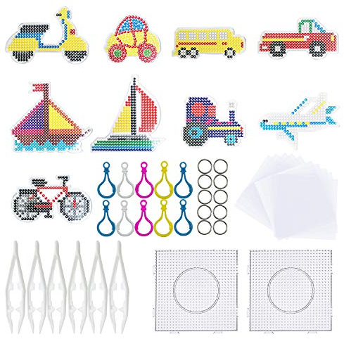 Allazone 37 Stück Bügelperlen Stiftplatten Platten Bügelperlen 11 Stück Transport Auto Steckplatten mit Perlen Pinzette, Bügelpapier und Schnalle Aufhängen