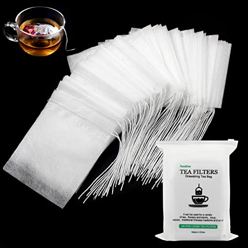 100 sacchetti biodegradabili per il tè, sacchetti filtranti usa e getta, in fibra di mais vuota, con chiusura a cordoncino, per foglie di foglia di tè (9 x 7 cm) (100 pezzi)