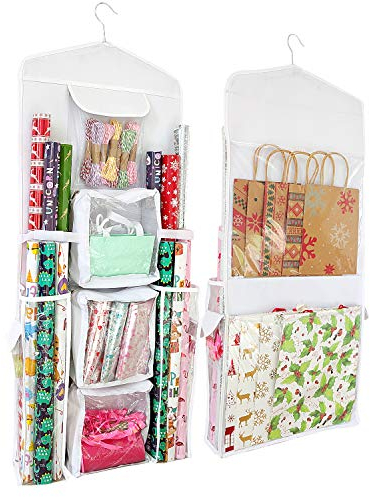SumDirect White Double Sided Hanging Gift Wrap Organizer, Wrapping Paper Gift Bag Storage