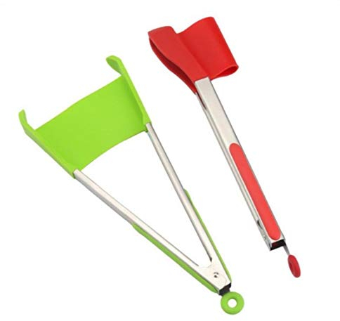 2 in 1 Clever Pfannenwender und Tongs Non-Stick hitzebeständigen Edelstahlrahmen Silikon Tongs Küche Gadget zufällige Farbe