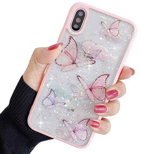 ZTUOK Compatible with iPhone X/Xs Case for Girls,Soft Slim Fit Full-Around Protective Cute Clear Sparkly Bling Star Butterfly Pattern Phone Case Glitter Cover for iPhone X/Xs -Pink