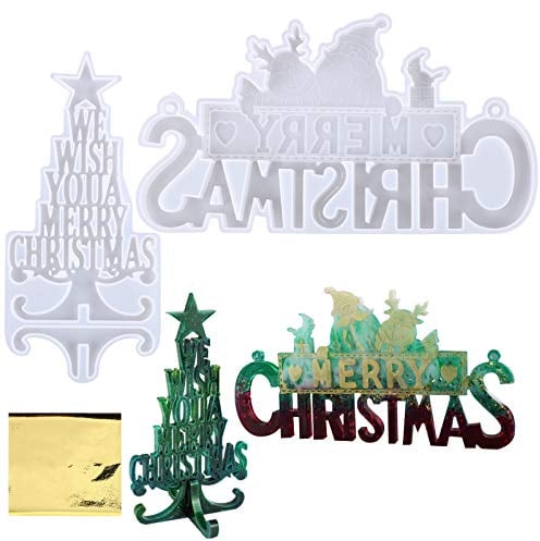 2pcs Merry Christmas Silicone Jewelry Casting Mold Christmas Tree Resin Mould with Gold Foil Paper for Xmas Tree Ornament Making DIY Craft