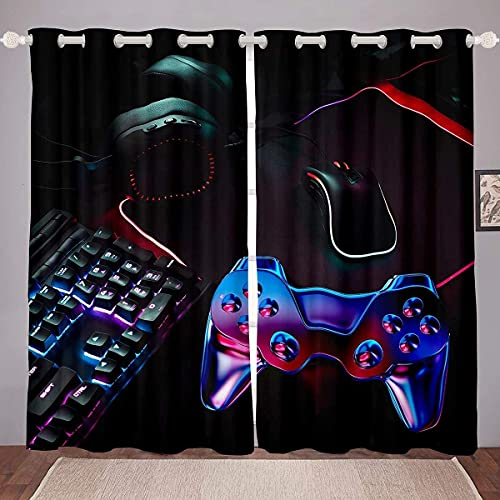 Loussiesd Jungen Spieler 2er Set Vorhang 3D Spielpad Kinder Videospiele Blickdichte Vorhänge Dekor für Teenager Spielen Regler Fenstervorhang 137x117cm Farbverlauf Schaltflächen Raumdekor