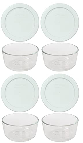 Pyrex 4 7202 Glasschalen und 4 Pyrex 7202-PC weiße Deckel